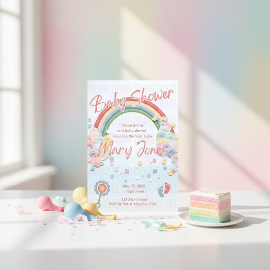 Baby shower invitation with rainbow and cloud design on a table with cake and toys.