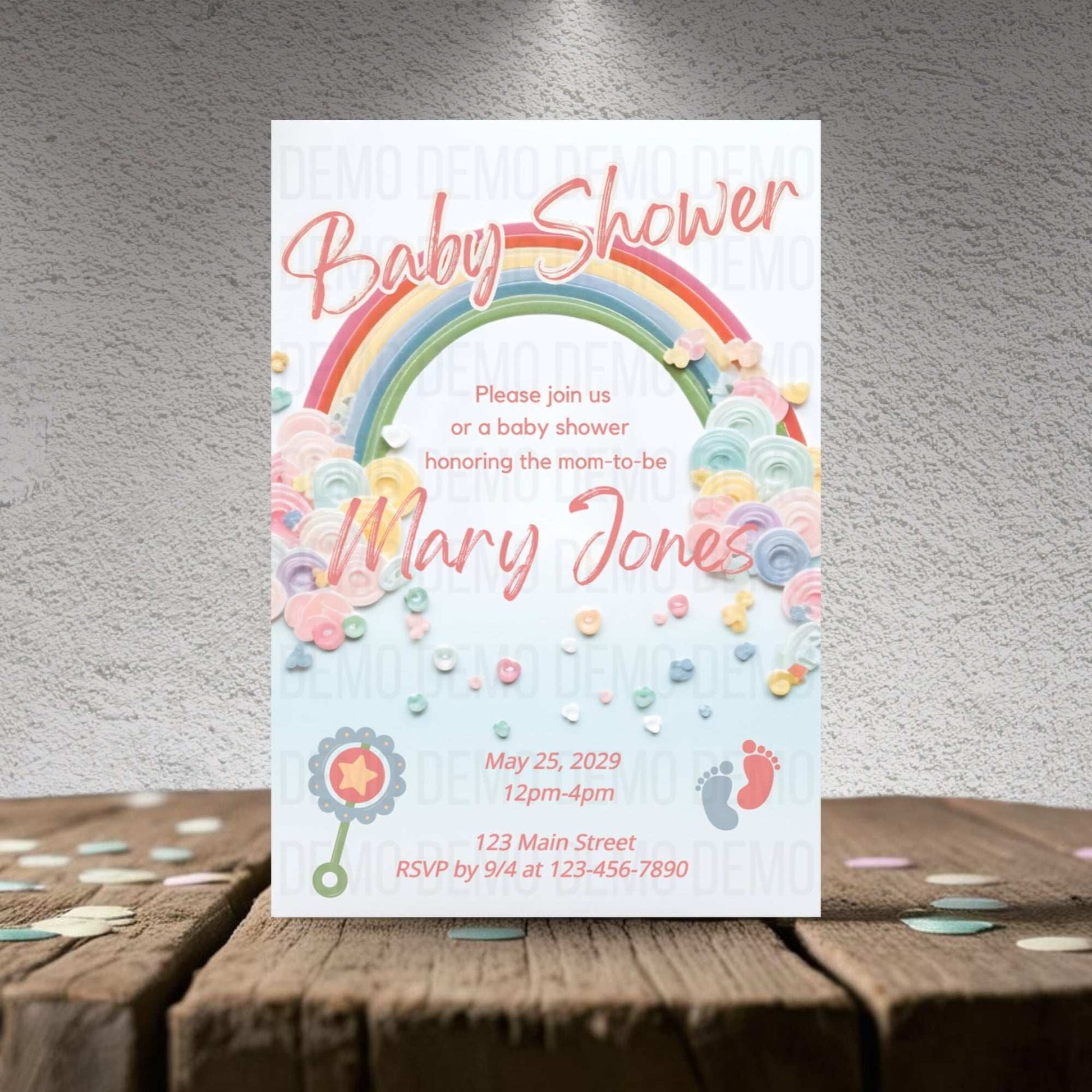 Baby shower invitation with rainbow and baby elements on a textured surface