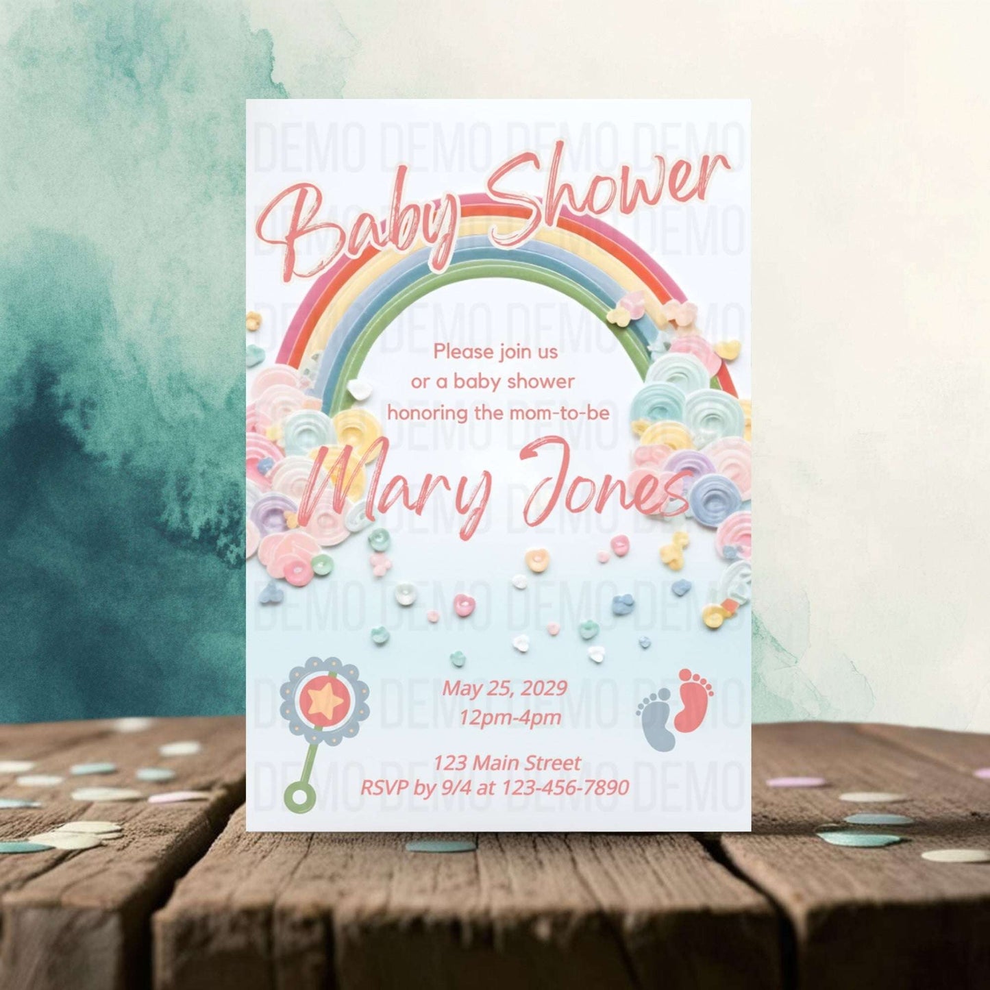 Baby shower invitation with rainbow and colorful elements on a wooden surface.