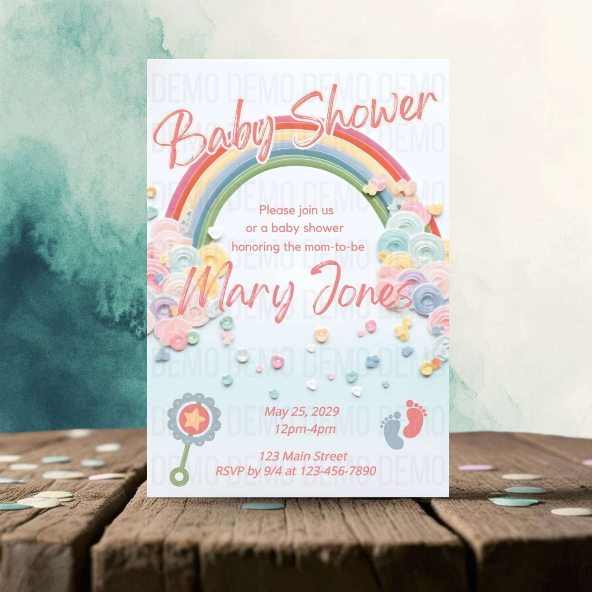 Baby shower invitation with rainbow and colorful elements on a wooden surface.