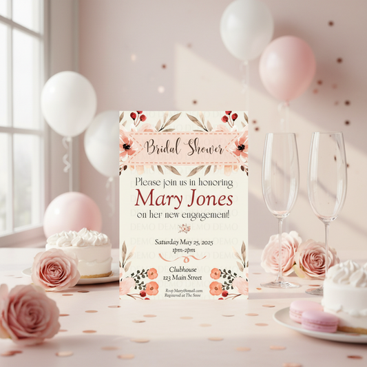 Bridal shower invitation with floral design on a table with balloons and cake.