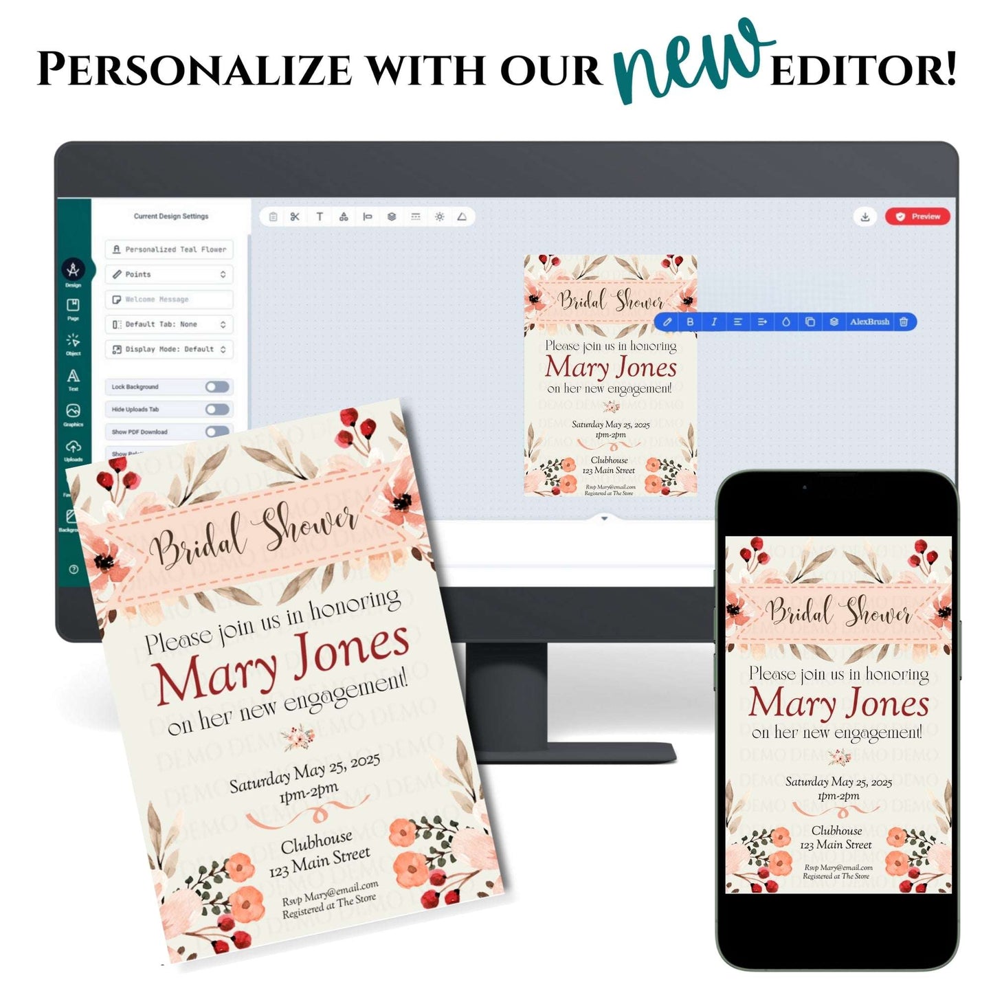 Bridal shower invitation on a computer screen, phone, and paper with text 'Personalize with our new editor'.