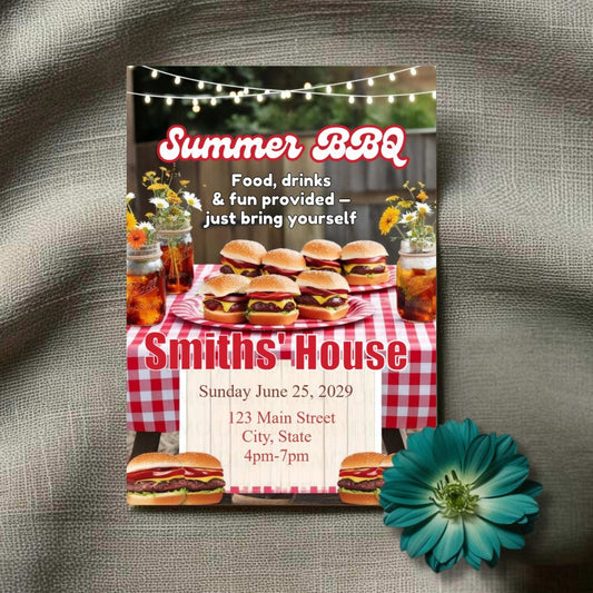 Summer BBQ invitation with hamburgers, beer, and flowers on a checkered tablecloth.
