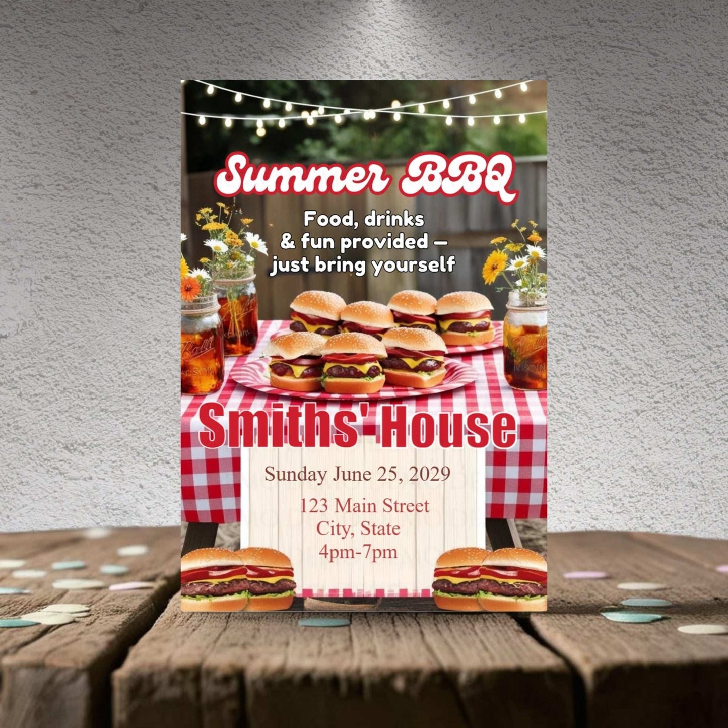 Summer BBQ invitation with hamburgers, drinks, and flowers on a tablecloth.