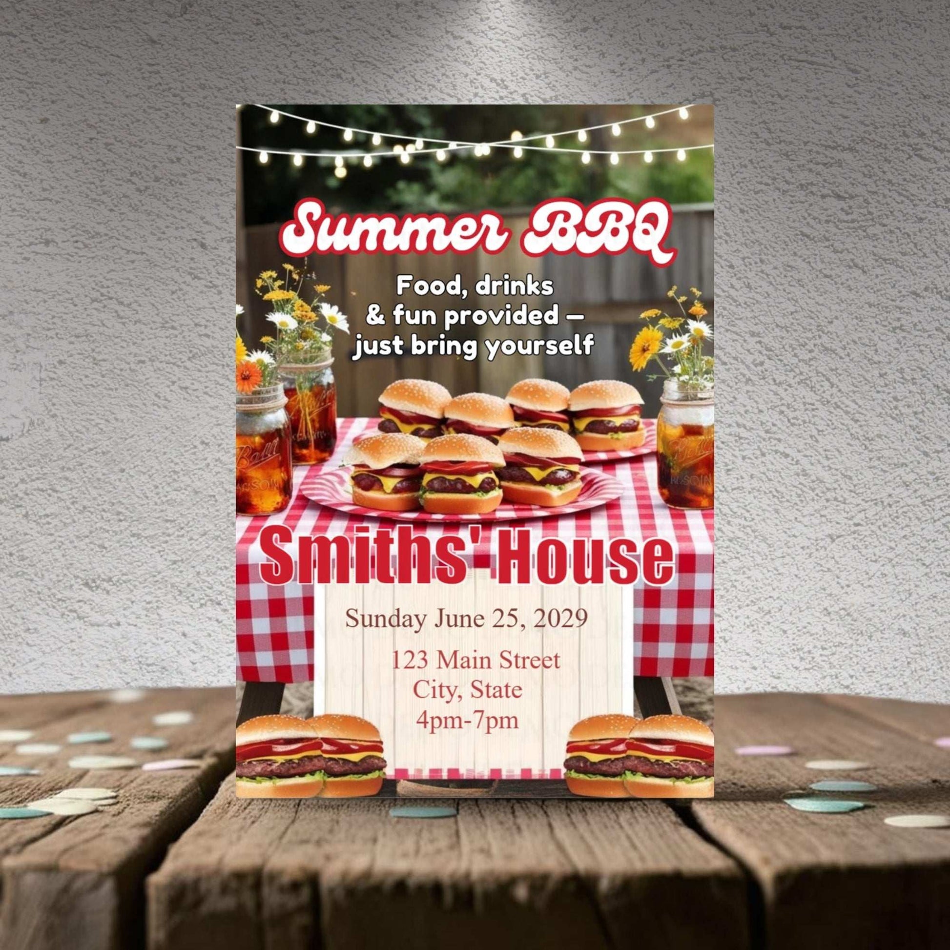 Summer BBQ invitation with hamburgers, drinks, and flowers on a tablecloth.
