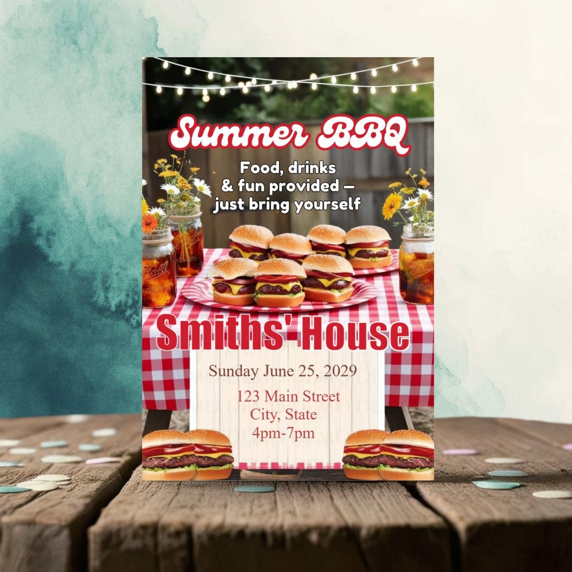 Summer BBQ invitation with hamburgers, drinks, and checkered tablecloth on a wooden table.