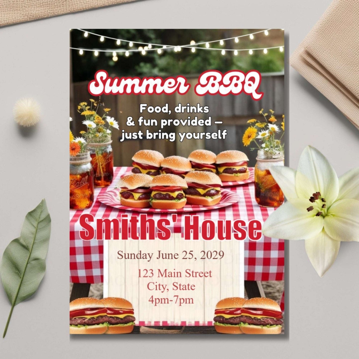 Summer BBQ invitation with hamburgers, beer, and flowers on a tablecloth.