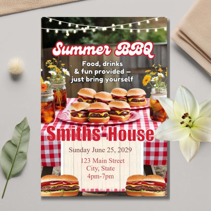 Summer BBQ invitation with hamburgers, beer, and flowers on a tablecloth.