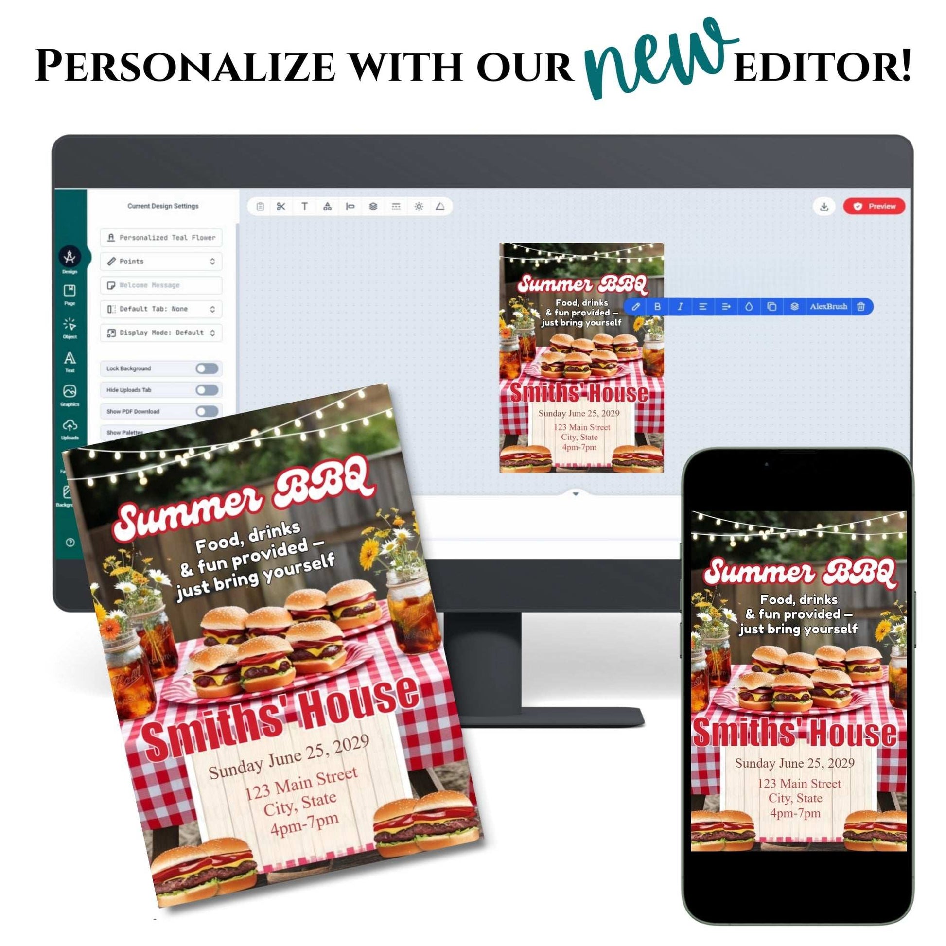 Promotional graphic for a summer BBQ event with a computer screen, phone, and printed flyer.