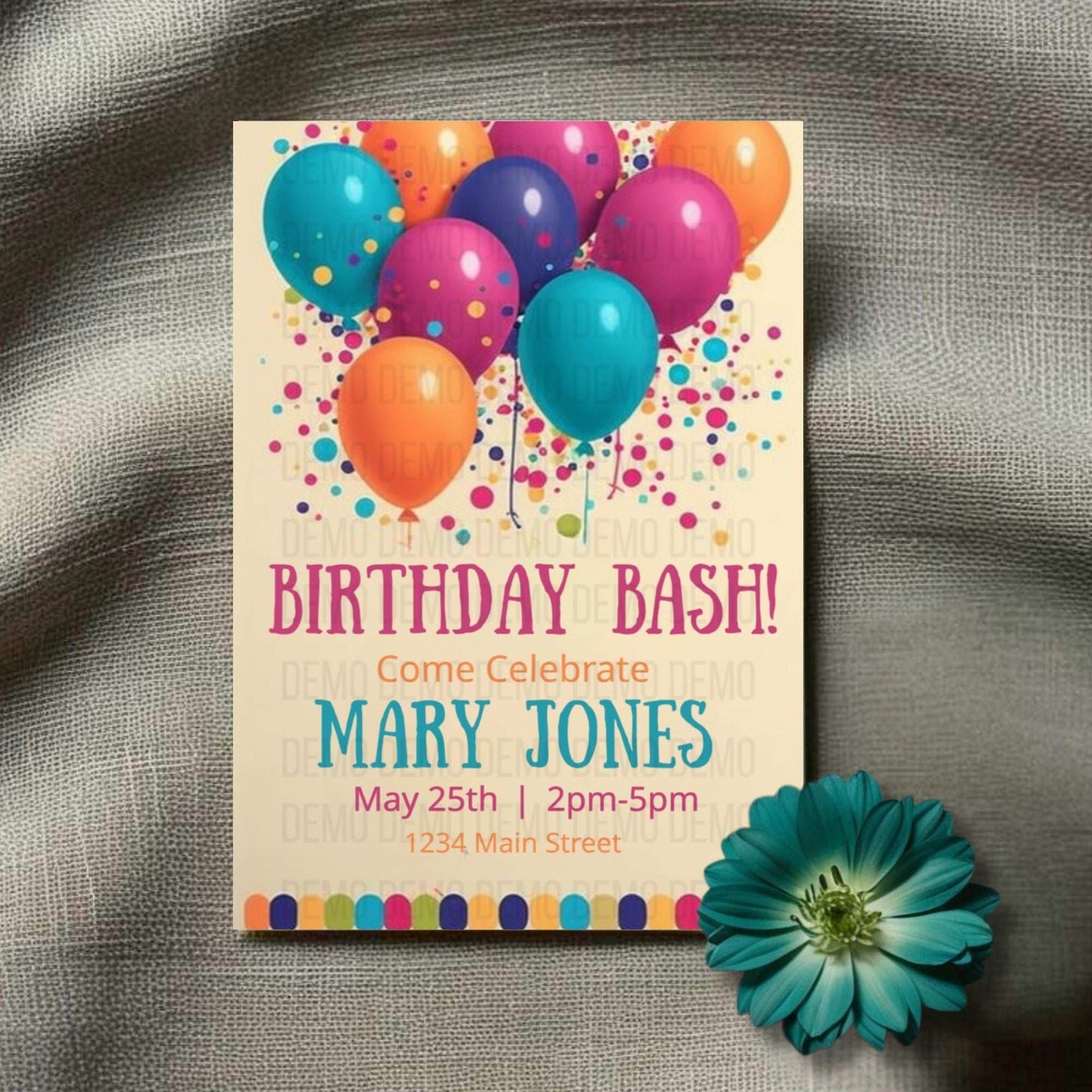 Birthday bash invitation with colorful balloons and a flower on a textured surface