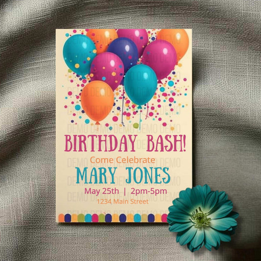 Birthday bash invitation with colorful balloons and a flower on a textured surface