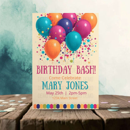 Birthday bash invitation with colorful balloons on a wooden surface