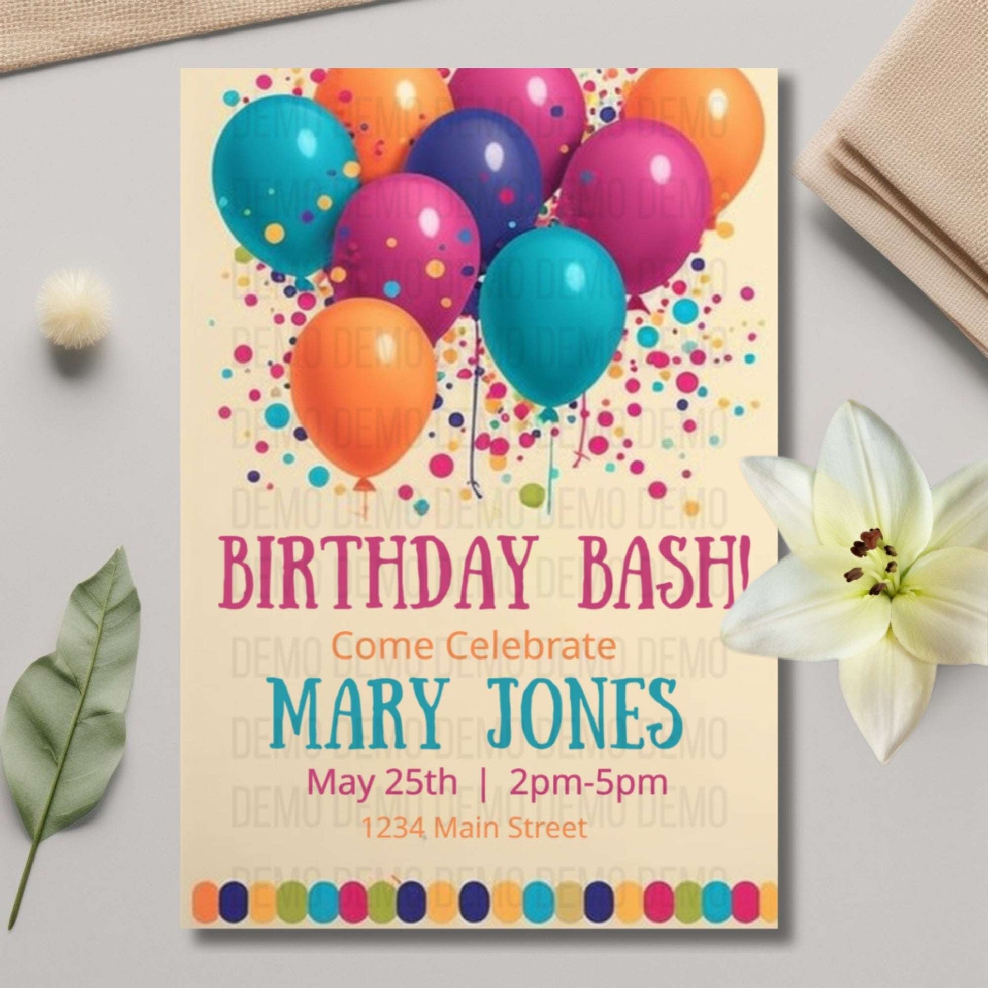 Birthday party invitation with colorful balloons and details on a light surface.