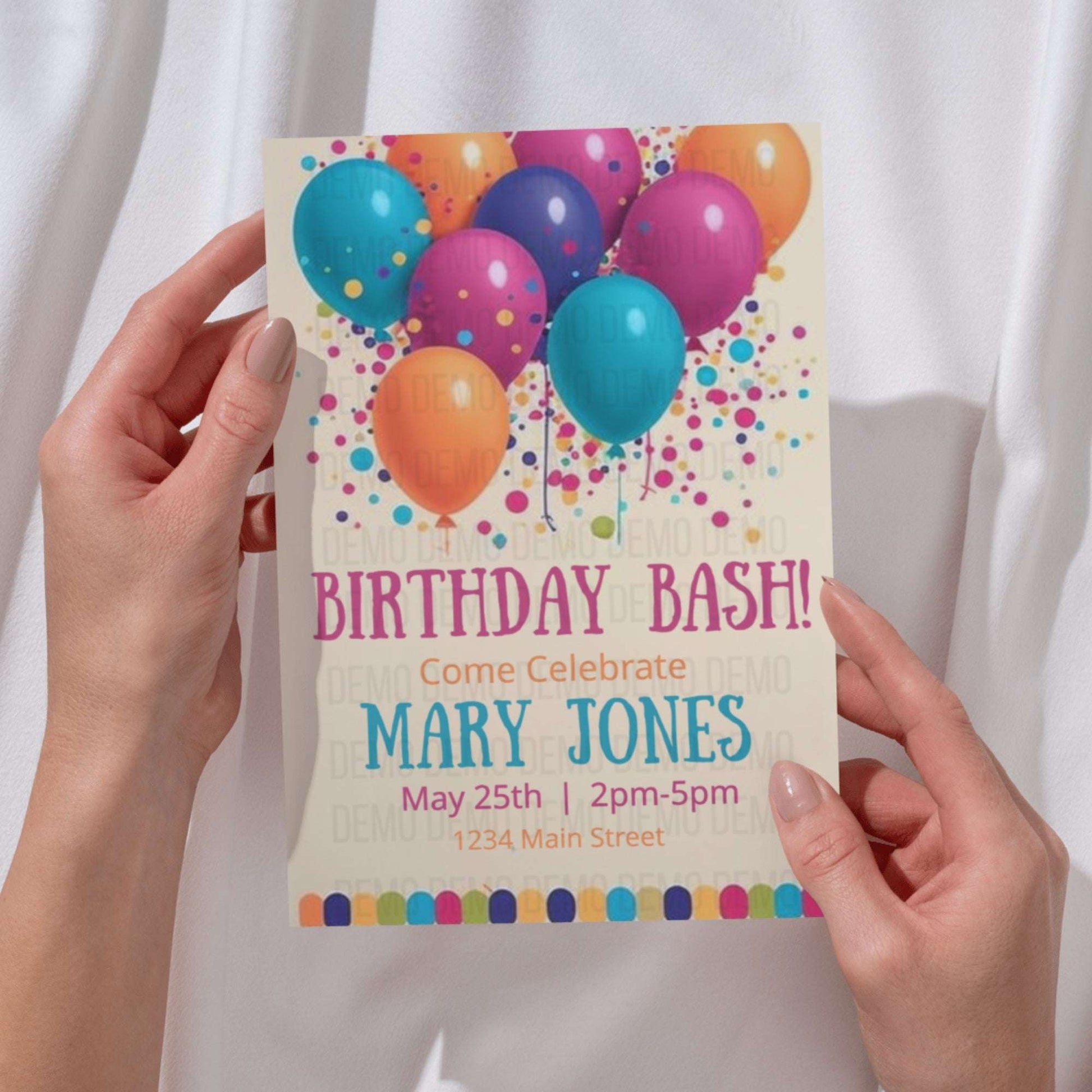 Birthday party invitation with colorful balloons held by hands against a white background