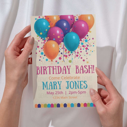 Birthday party invitation with colorful balloons held by hands against a white background
