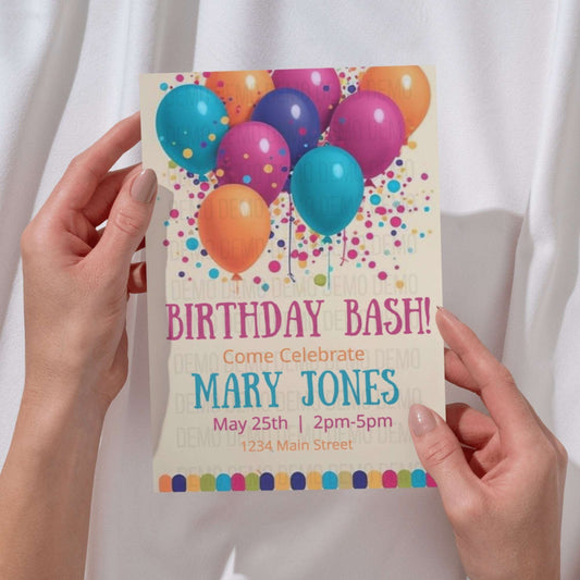 Birthday party invitation with colorful balloons held by hands against a white background