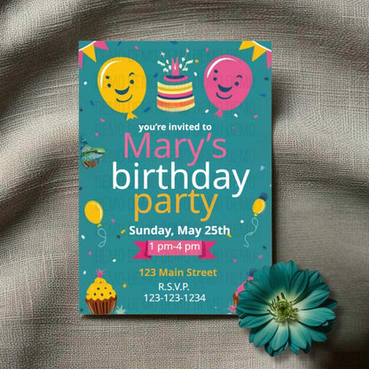 Colorful Kids Birthday Party Invitation with Balloons and Confetti – Printable