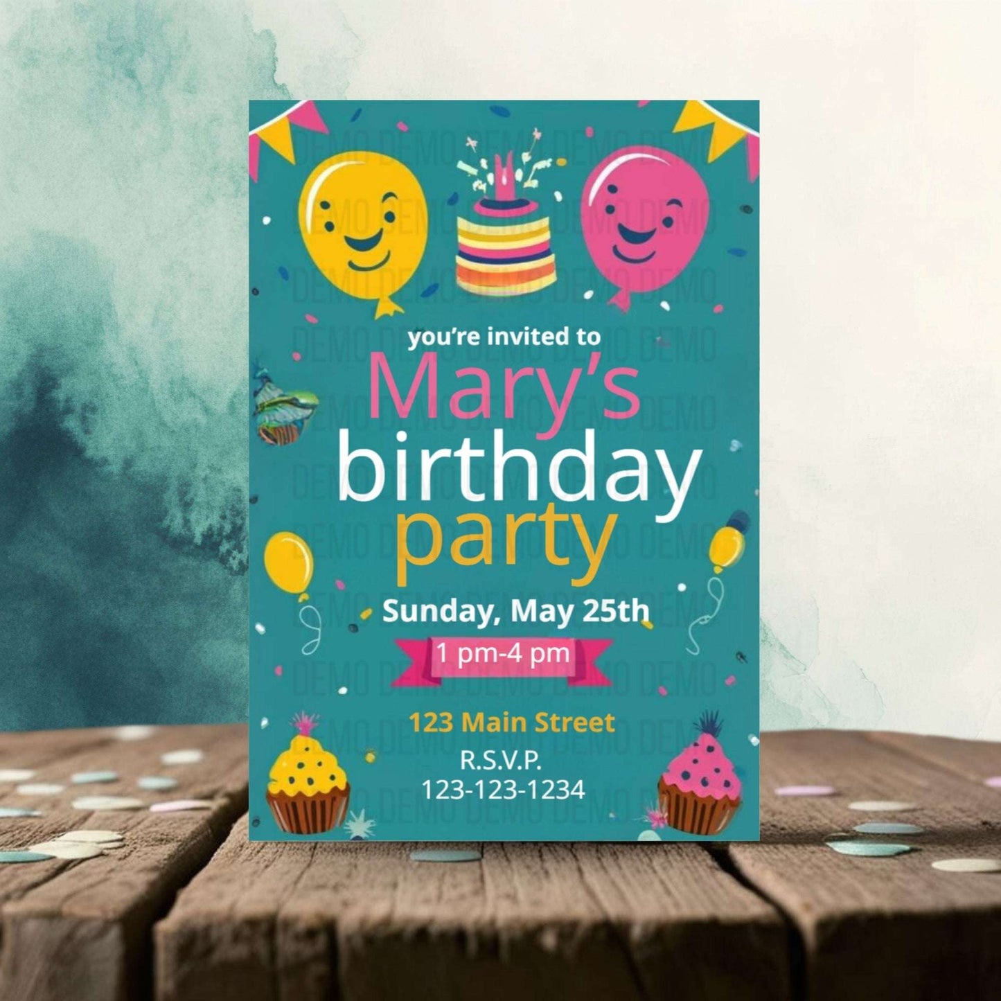 Colorful Kids Birthday Party Invitation with Balloons and Confetti – Printable
