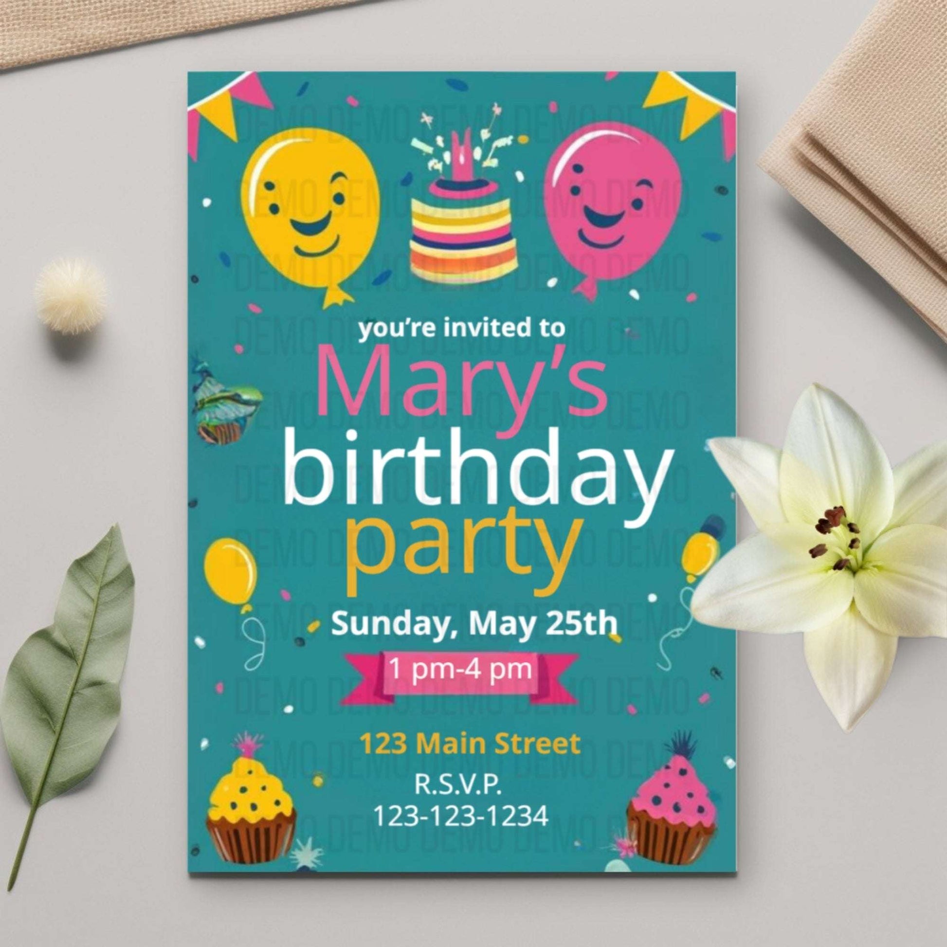 Colorful Kids Birthday Party Invitation with Balloons and Confetti – Printable