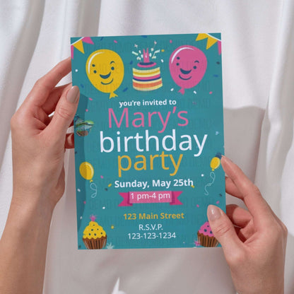 Colorful Kids Birthday Party Invitation with Balloons and Confetti – Printable