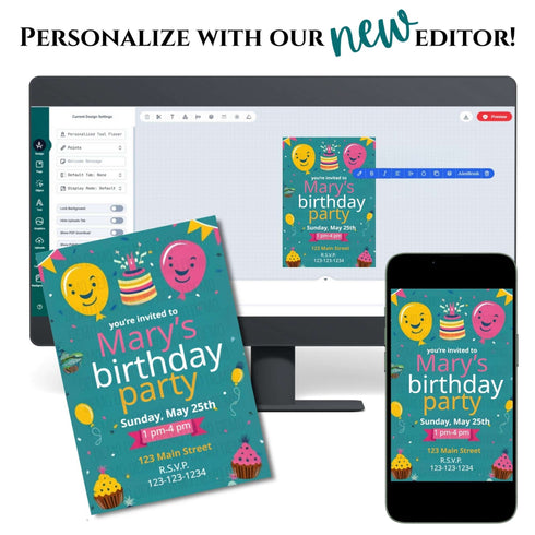 Colorful Kids Birthday Party Invitation with Balloons and Confetti – Printable