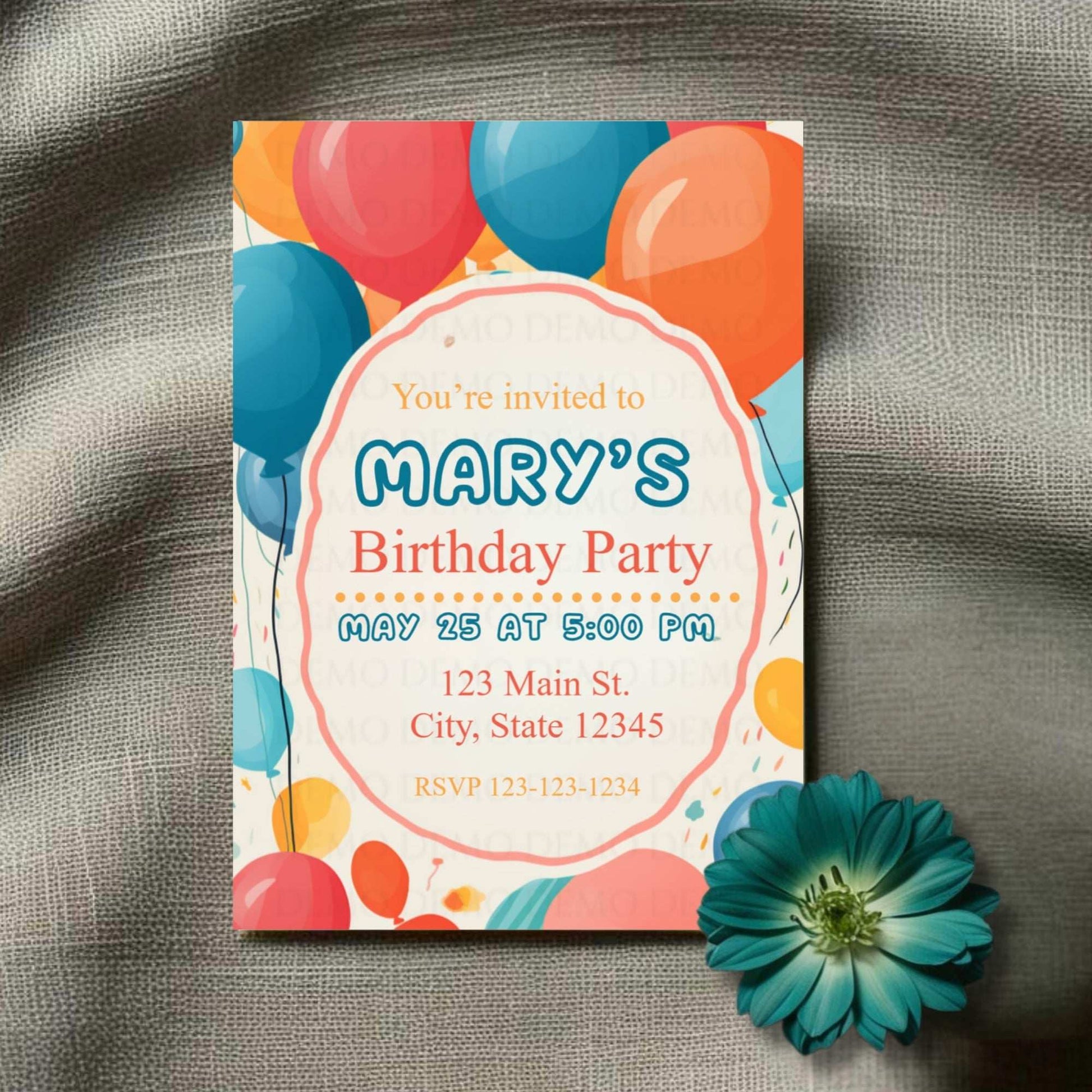 Birthday party invitation with colorful balloons on a textured surface with a flower.