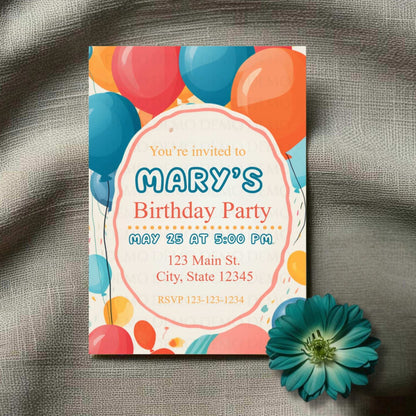 Birthday party invitation with colorful balloons on a textured surface with a flower.