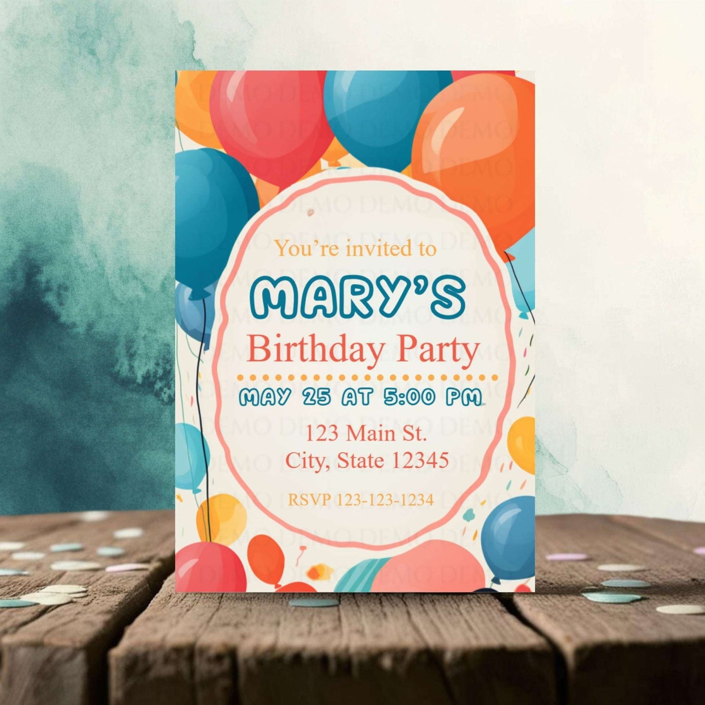 Birthday party invitation with colorful balloons on a wooden surface