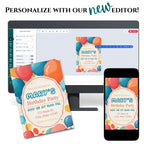 Birthday party invitation design software with printed invitation, digital design on screen, and smartphone displaying the invitation.