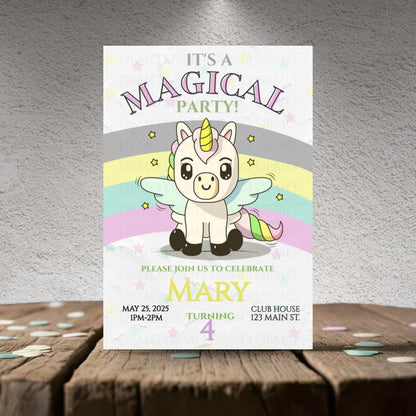 Invitation card with a unicorn design on a wooden surface