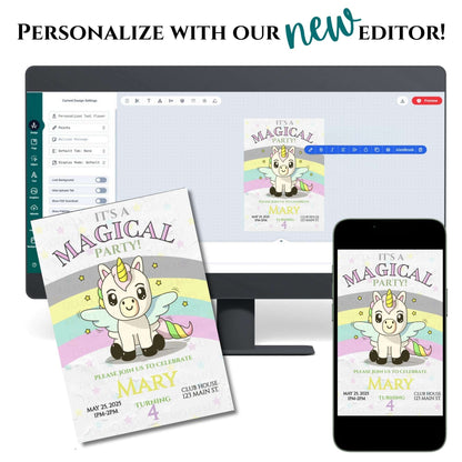 Unicorn-themed party invitation on a computer screen, phone, and paper.