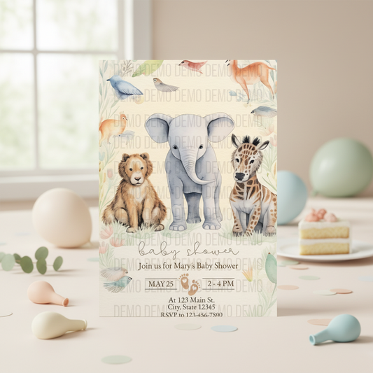 Baby shower invitation with elephant, lion, and zebra illustrations on a table with baby items.
