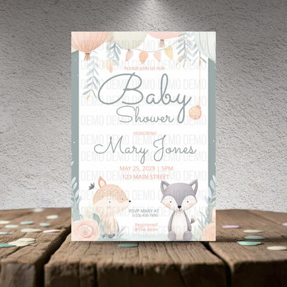 Baby shower invitation with foxes on a wooden surface and gray background