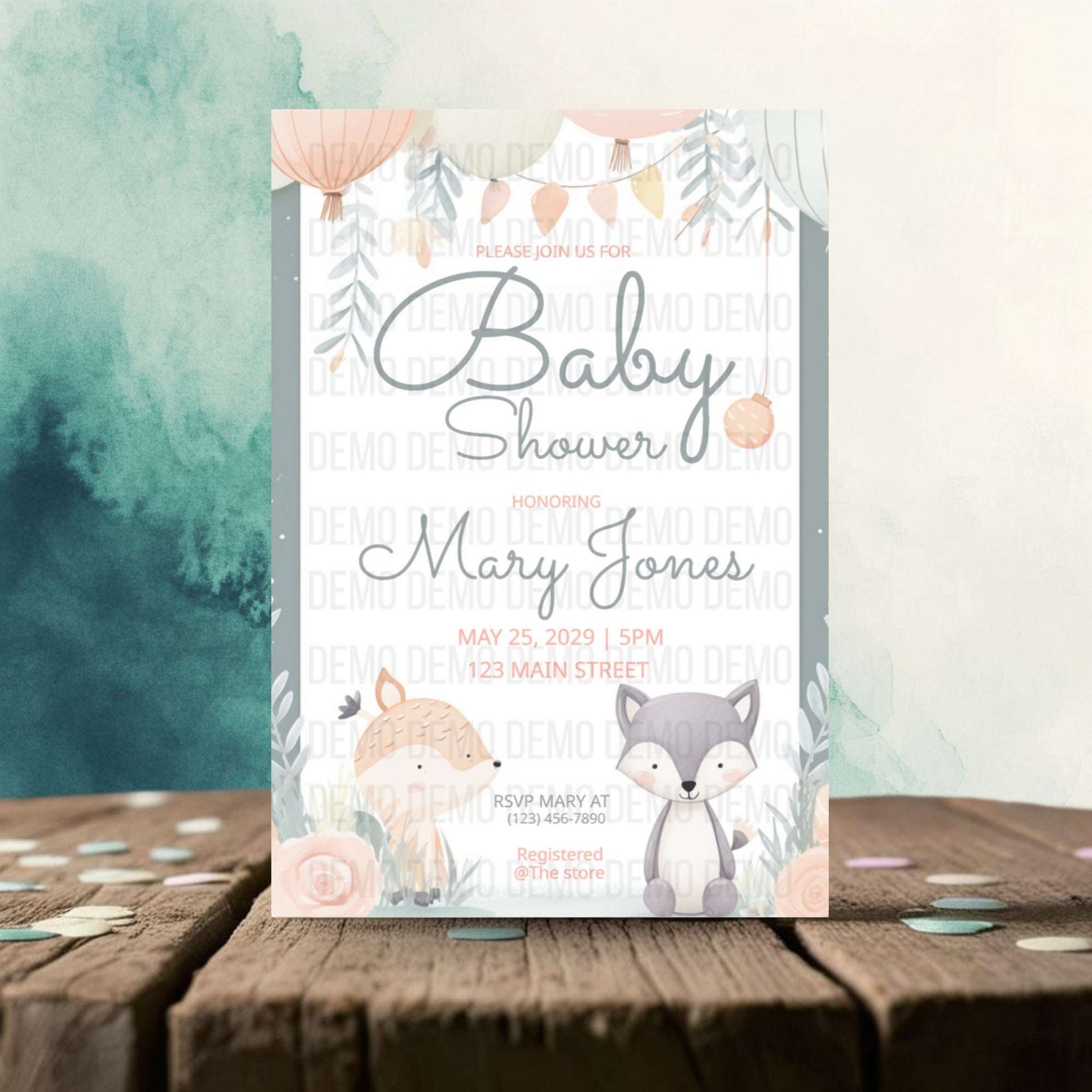 Baby shower invitation with foxes on a wooden surface