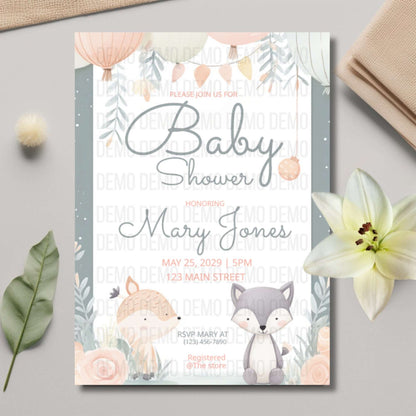 Baby shower invitation with foxes and floral elements on a light gray background