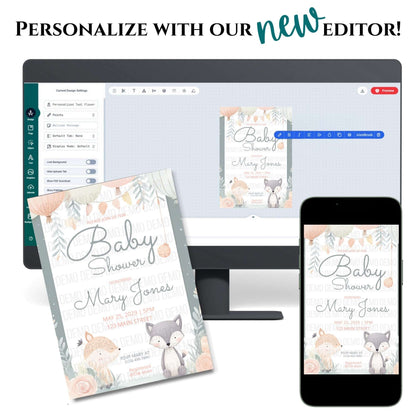 Baby shower invitation with fox and floral design on a computer screen, phone, and paper.