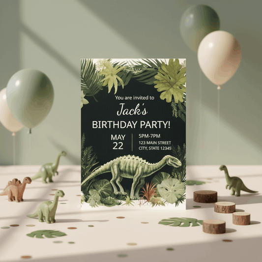 Birthday party invitation with dinosaur theme on a table with balloons and toy dinosaurs.