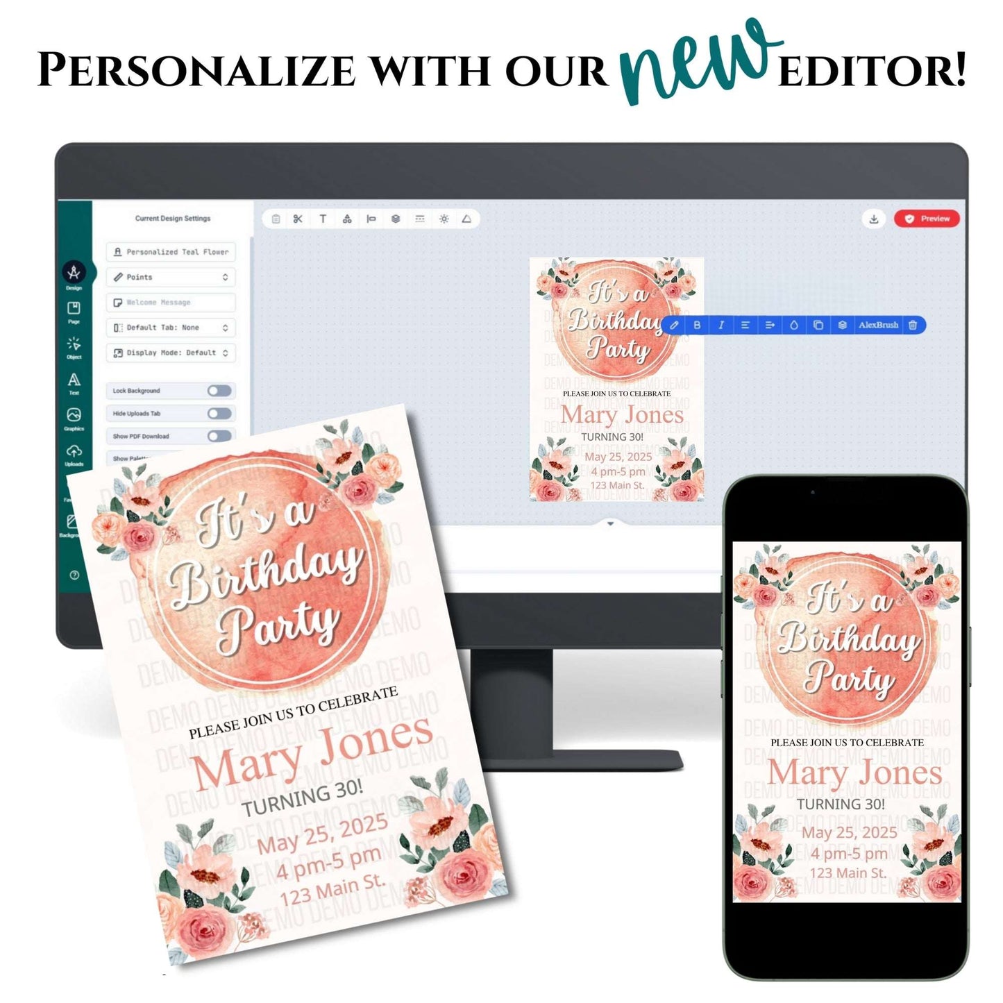 Birthday party invitation on a computer screen, phone, and paper with text 'Personalize with our new editor'.