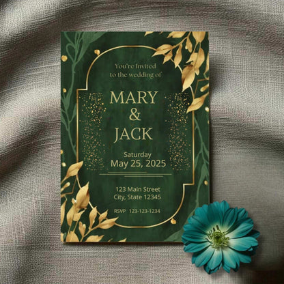 Green wedding invitation with gold floral elements on a textured surface with a blue flower.