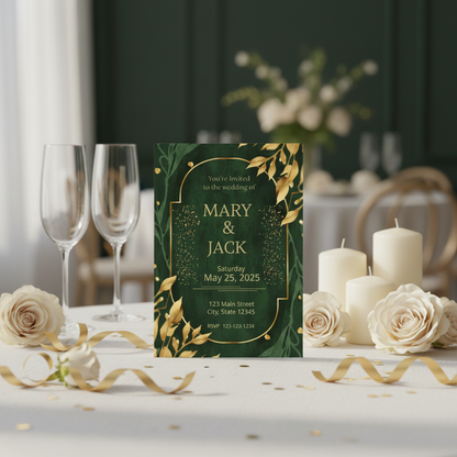 Wedding invitation card with floral design on a table with candles and glasses.