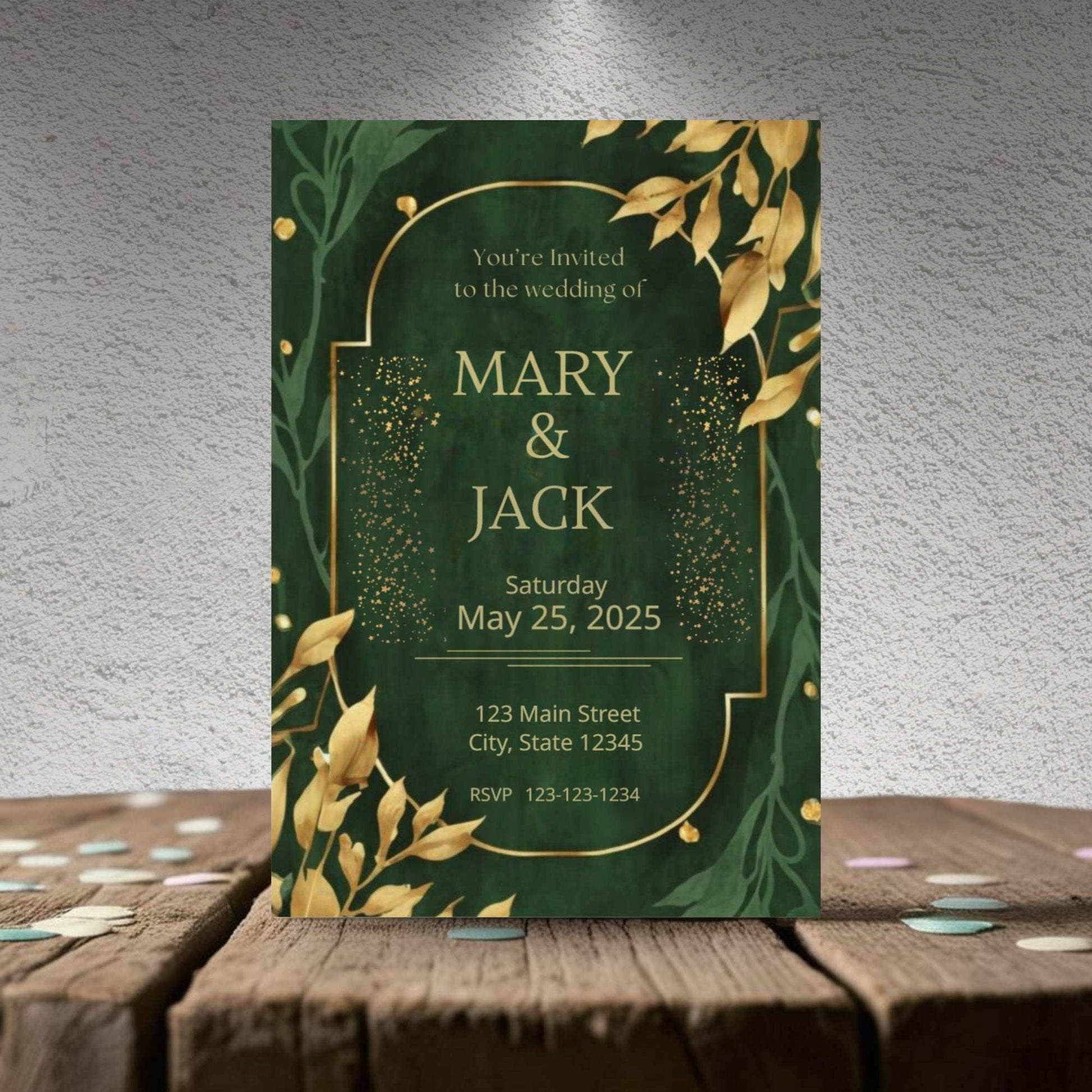 Green wedding invitation with gold text and leaf design on a wooden surface.