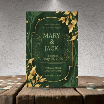 Green wedding invitation with gold text and leaf design on a wooden surface.