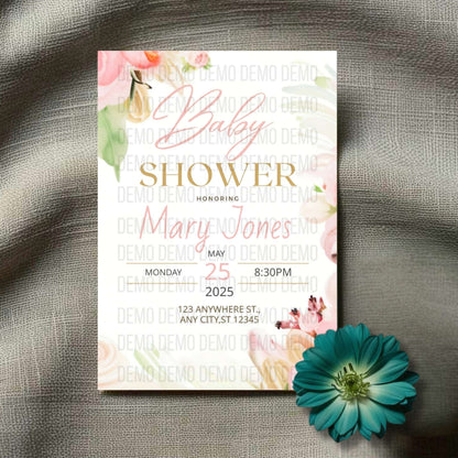 Elegant Pink Floral Baby Shower Invitation – Personalized Editable Template