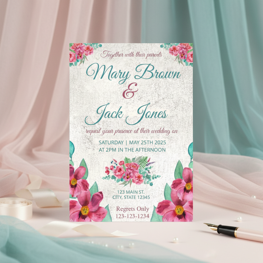 Wedding invitation card with floral design on a decorative background