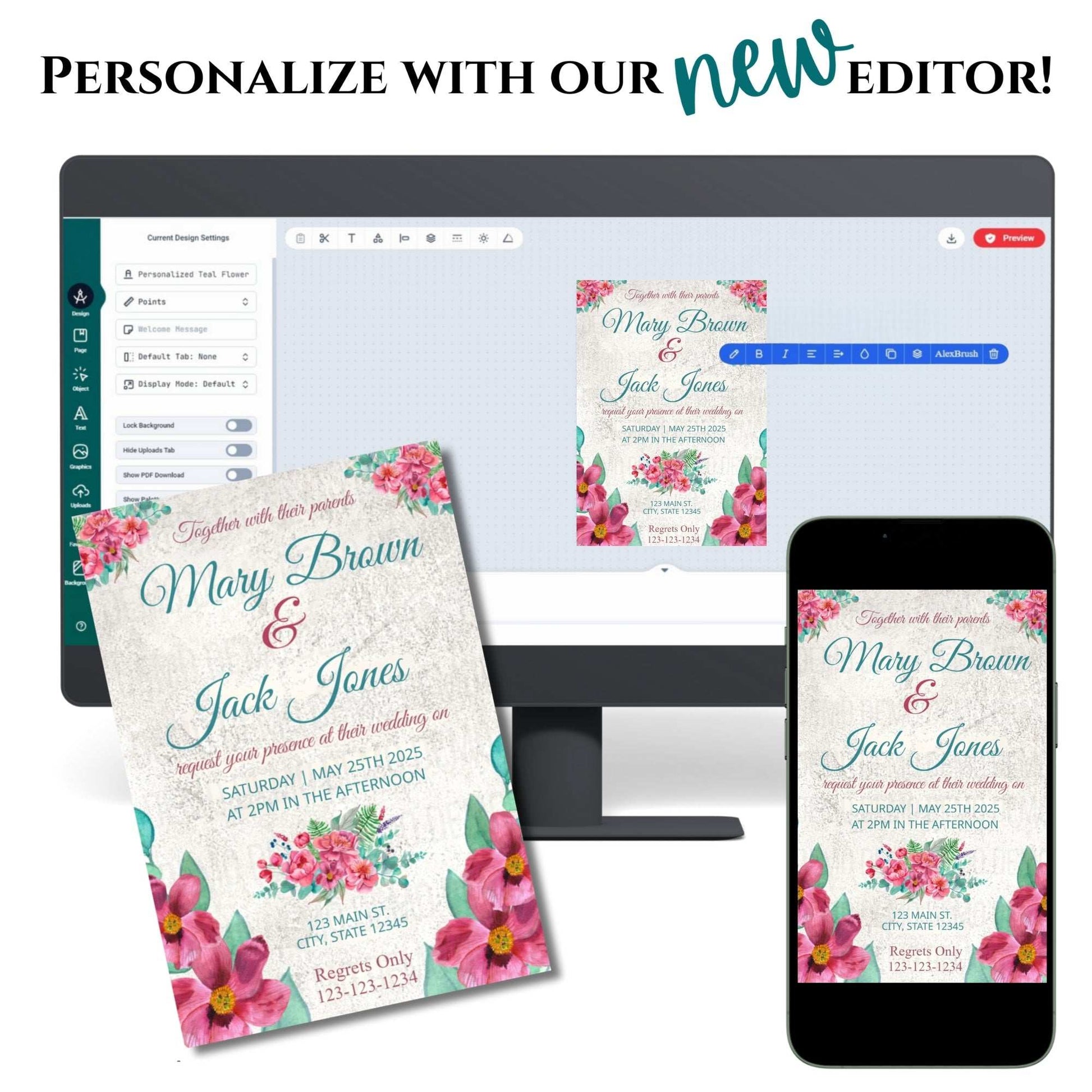 Floral wedding invitation on a computer screen, phone, and paper with text overlay.
