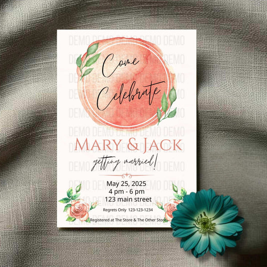 Wedding invitation card with floral design on a textured fabric background