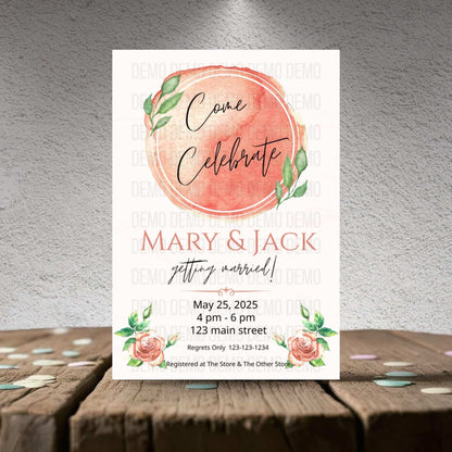 Wedding invitation card with floral design on a textured surface