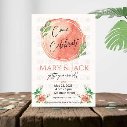 Wedding invitation card with floral design on a wooden surface