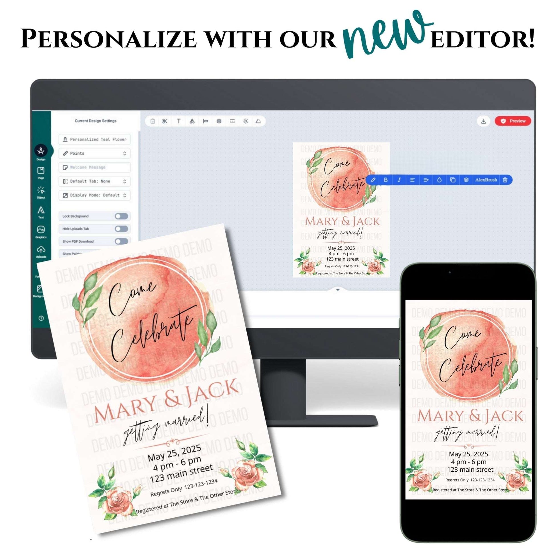 Digital invitation editor with a wedding invitation displayed on a computer screen, phone, and paper.