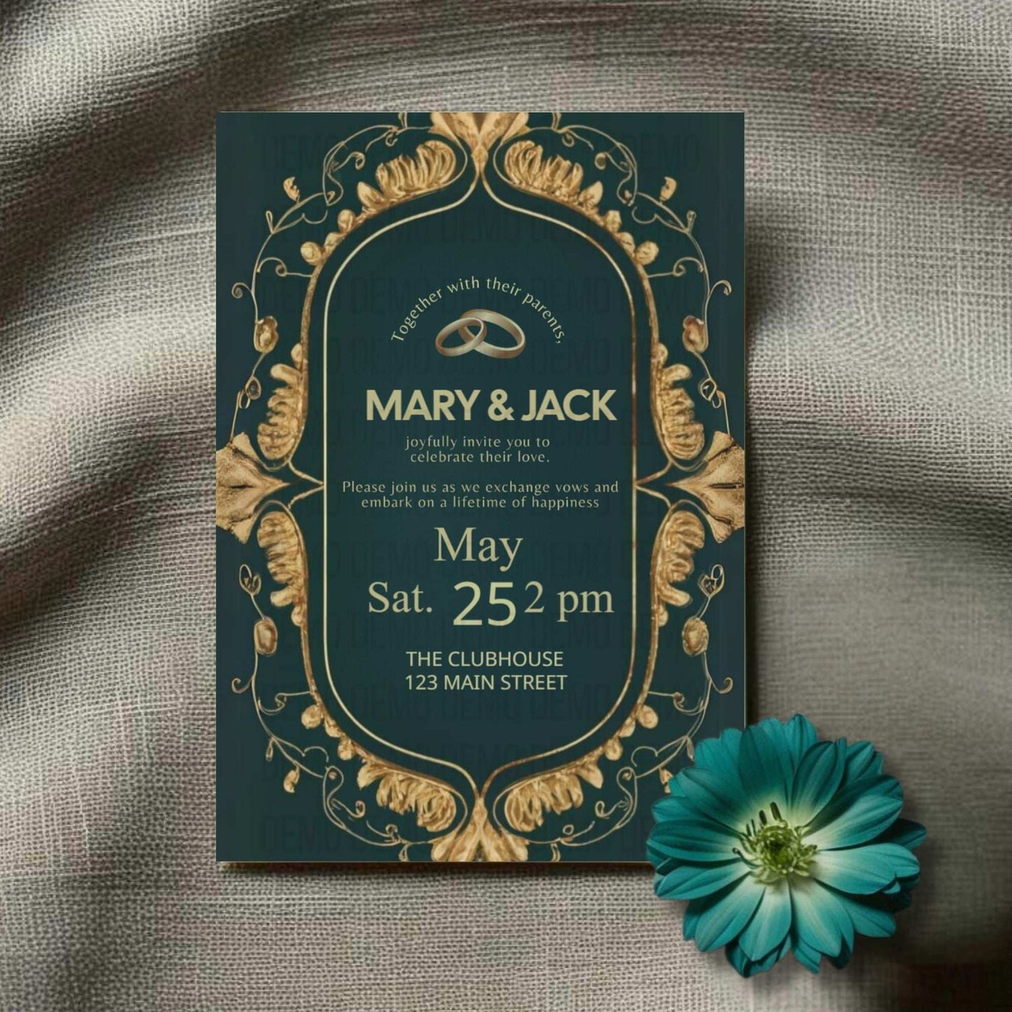 Wedding invitation card with gold floral design on a dark green background, featuring the text 'Mary & Jack' and event details.